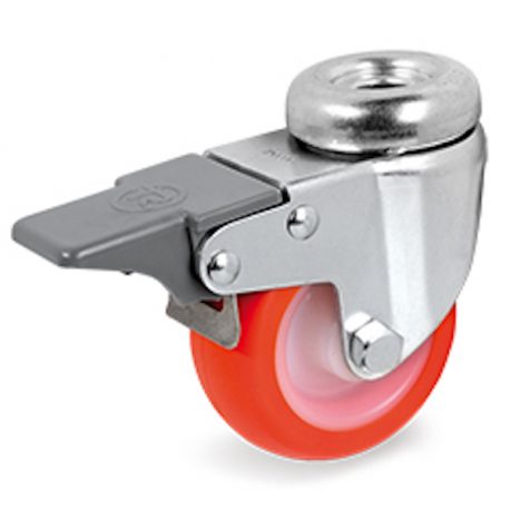 Roulette à oeil pivotante à frein diamètre 50 mm roue polyuréthane rouge - 55 Kg