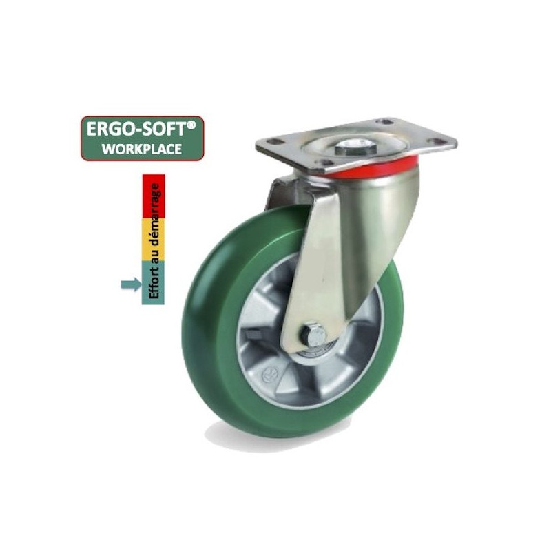 Roulette pivotante diamètre 200 mm roue polyuréthane vert ERGO-SOFT® - 700 Kg