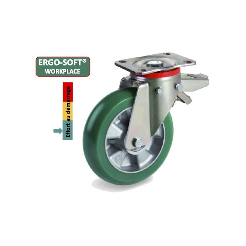 Roulette pivotante à frein diamètre 200 mm roue polyuréthane vert ERGO-SOFT® - 700 Kg