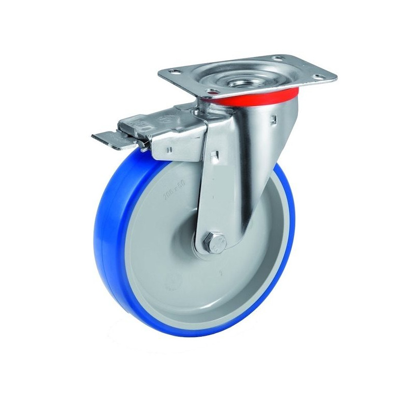 Roulette pivotante à frein diamètre 80 mm roue polyuréthane BLEU-SOFT® - 75 Kg