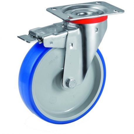 Roulette pivotante à frein diamètre 100 mm roue polyuréthane BLEU-SOFT® - 120 Kg