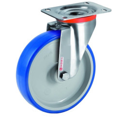 Roulette INOX pivotante diamètre 80 mm roue polyuréthane BLEU-SOFT®  - 75 Kg