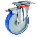 Roulette INOX pivotante à frein diamètre 80 mm roue polyuréthane BLEU-SOFT®  - 75 Kg