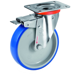 Roulette INOX pivotante à frein diamètre 80 mm roue polyuréthane BLEU-SOFT®  - 75 Kg