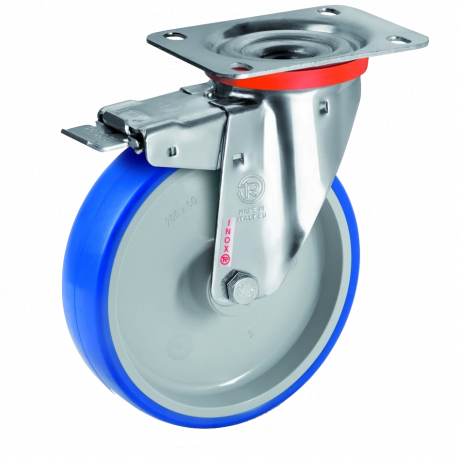 Roulette INOX pivotante à frein diamètre 80 mm roue polyuréthane BLEU-SOFT® - 75 Kg