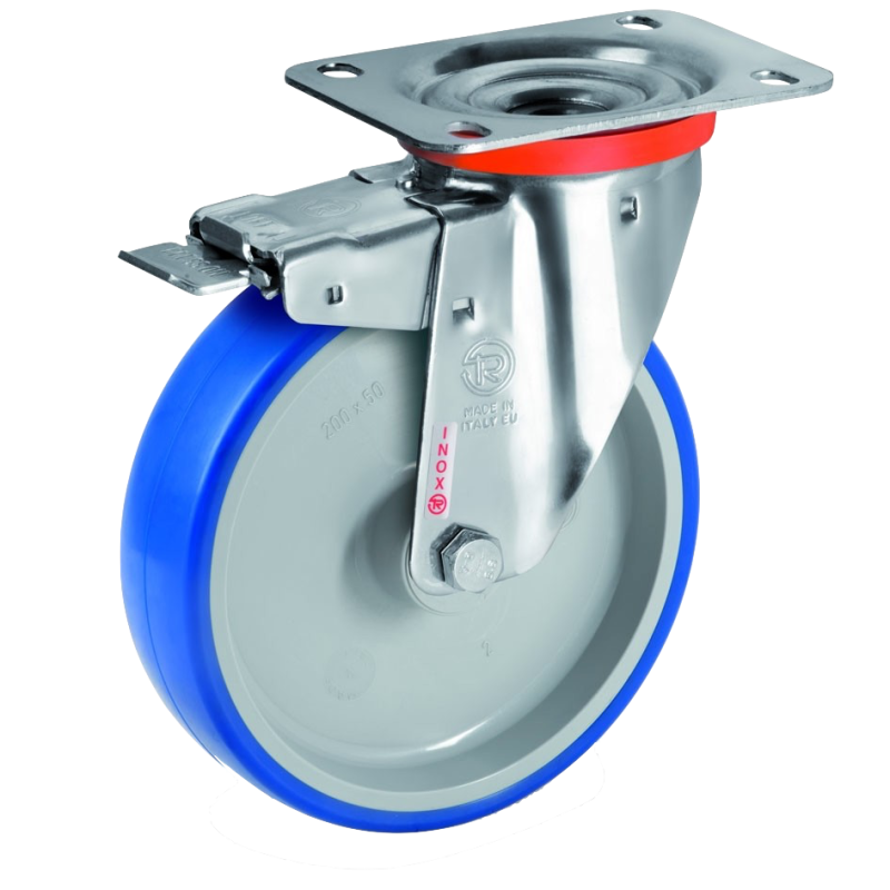 Roulette INOX pivotante à frein diamètre 80 mm roue polyuréthane BLEU-SOFT® - 75 Kg