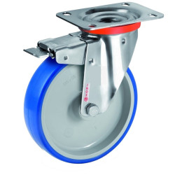 Roulette INOX pivotante à frein diamètre 100 mm roue polyuréthane BLEU-SOFT®  - 120 Kg