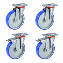 Lot de 4 roulettes pivotantes et pivotantes à frein polyuréthane BLEU-SOFT®  80 mm - 225 Kg