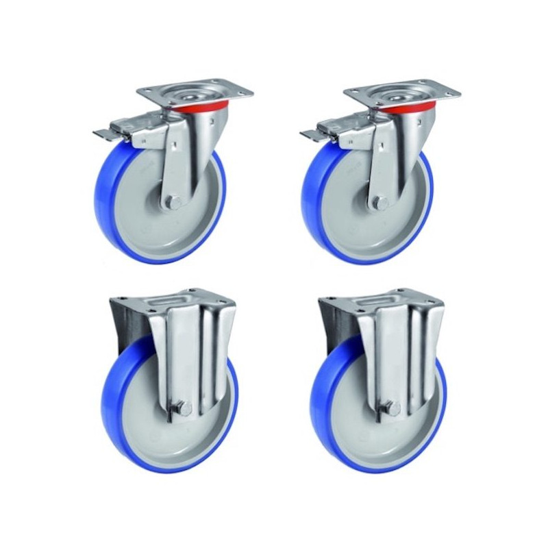 Lot roulettes pivotantes et pivotantes à frein polyuréthane BLEU-SOFT® 80 mm - 225 Kg