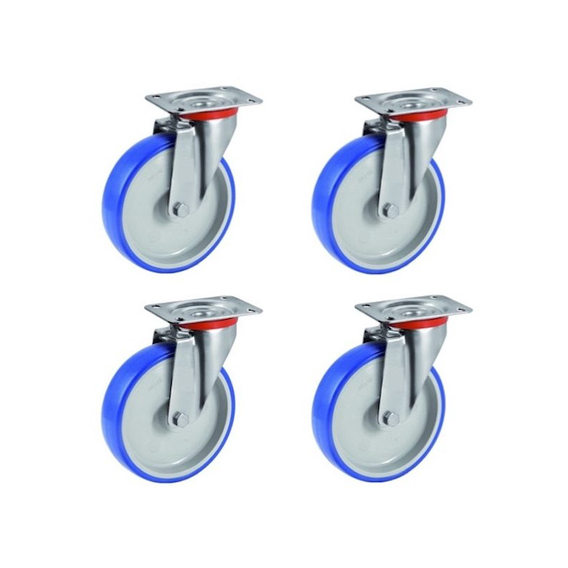 Lot roulettes pivotantes polyuréthane BLEU-SOFT® 100 mm - 360 Kg Lot roulettes pivotantes polyuréthane BLEU-SOFT® 100 mm - 360 Kg