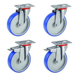 Lot de 4 roulettes pivotantes et pivotantes à frein polyuréthane BLEU-SOFT®  125 mm - 540 Kg