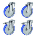 Lot de 4 roulettes à oeil pivotantes et pivotantes à frein polyuréthane BLEU-SOFT®  80 mm - 225 Kg