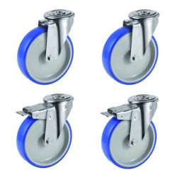 Lot roulettes à oeil pivotantes et pivotantes à frein polyuréthane BLEU-SOFT®  100 mm - 360 Kg