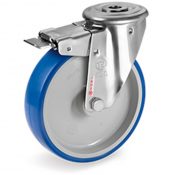 Roulette à oeil INOX pivotante à frein diamètre 125 mm roue polyuréthane BLEU-SOFT® - 180 Kg