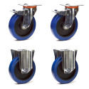 Lot de 4 roulettes pivotantes à frein et fixes caoutchouc EASYROLL® BLEU 160 mm charge - 900 Kg