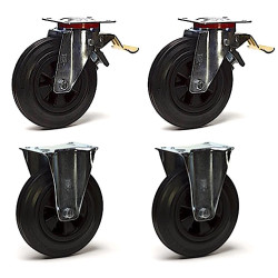 Lot de 4 roulettes pivotantes à frein et fixes caoutchouc noir 250mm  - 885 Kg