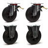 Lot de 4 roulettes pivotantes à frein et fixes caoutchouc noir 250mm  - 885 Kg