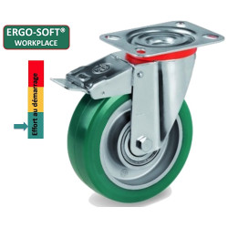 Roulette pivotante à frein diamètre 100 mm polyuréthane vert ERGO-SOFT®  - 200Kg