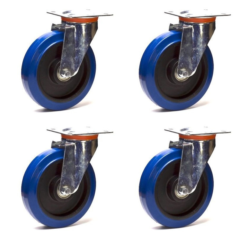 Lot de 4 roulettes pivotantes caoutchouc EASYROLL® BLEU 200 mm charge - 1050 Kg Lot de 4 roulettes pivotantes caoutchouc EASYROLL® BLEU 200 mm charge - 1050 Kg