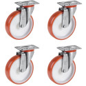 Lot de 4 roulettes pivotantes polyuréthane rouge  80 mm - 360 Kg