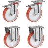 Lot de 4 roulettes pivotantes à frein et fixes polyuréthane rouge  80 mm - 360 Kg