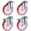 Lot de 4 roulettes à oeil pivotantes et pivotantes à frein polyuréthane rouge 80 mm - 360Kg