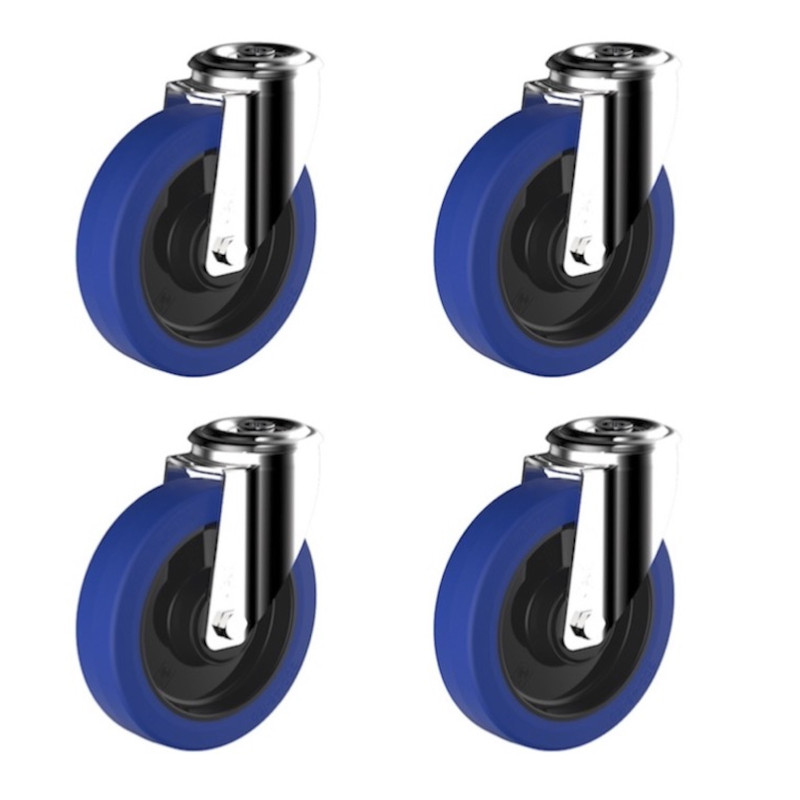 Lot de 4 roulettes à oeil pivotantes caoutchouc élastique bleu 125 mm charge 750 Kg Lot de 4 roulettes à oeil pivotantes caoutchouc élastique bleu 125 mm charge 750 Kg