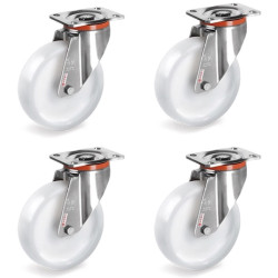 Lot de 4 roulettes INOX pivotantes roue plastique blanc 80 mm - 450 Kg