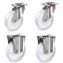 Lot de 4 roulettes INOX pivotantes et fixes plastique blanc 80 mm - 450 Kg
