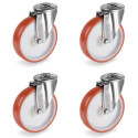 Lot de 4 roulettes à Oeil INOX pivotantes polyuréthane rouge 80 mm - 360Kg