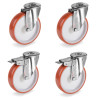 Lot de 4 roulettes à Oeil INOX pivotantes et pivotantes à frein polyuréthane rouge 80 mm - 360Kg