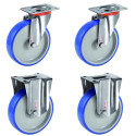 Lot de 4 roulettes INOX pivotantes et fixes polyuréthane BLEU-SOFT®  80 mm - 225 Kg