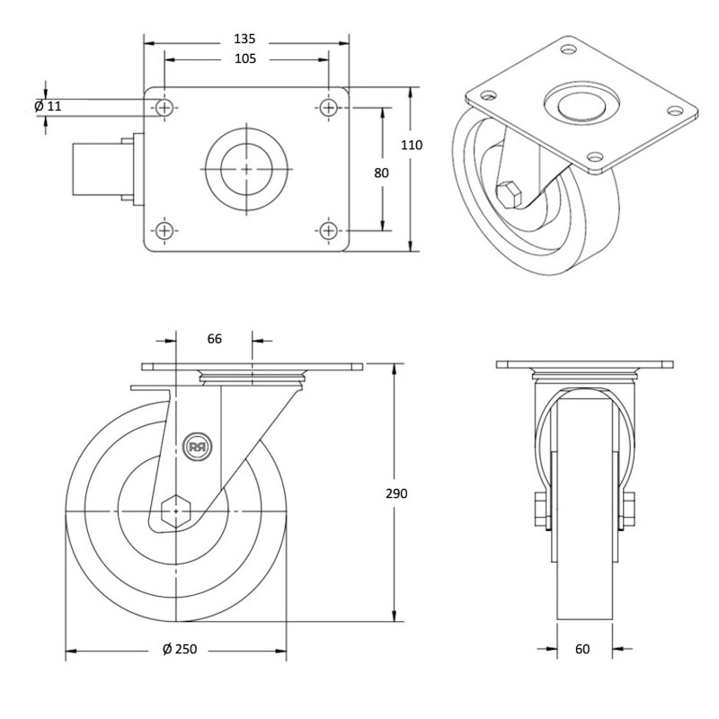 Lot de 4 roulettes pivotantes 50 mm avec vis filetées M10 et écrous M10