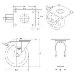 Roulette pivotante à frein, diamètre 125 fixation à platine ,caoutchouc noir, charge 100 Kg