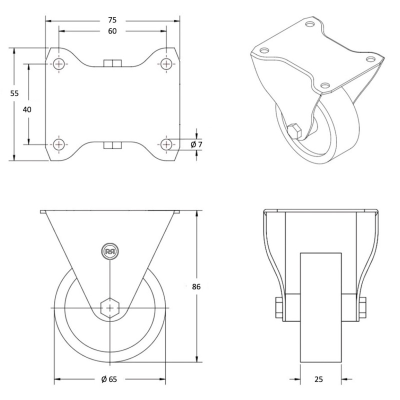Roulette Manutention Diamétre 65 à Platine Pivotante Caoutchouc Noir