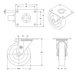 Roulette caoutchouc noir pivotante diamètre 65 mm fixation à platine