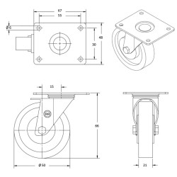 lot de quatre roulettes pivotantes et fixe caoutchouc noir 50 mm - 120Kg