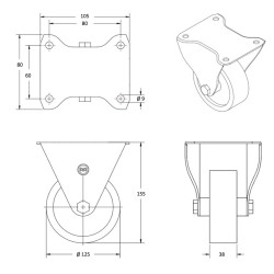 Lot de 4 roulettes pivotantes à frein et fixes caoutchouc EASYROLL® BLEU 125 mm charge - 600 Kg