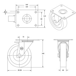 Plan Roulette pivotante caoutchouc EASYROLL® BLEU diamètre 200 mm roulement à billes - 350 Kg