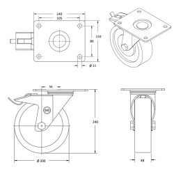 Plan Roulette pivotante à frein caoutchouc EASYROLL® BLEU diamètre 200 mm roulement à billes - 300 Kg