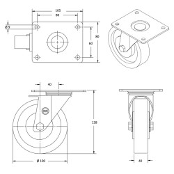 Roulette pivotante diamètre 100 mm caoutchouc EASYROLL® NOIR roulement à billes - 180 Kg