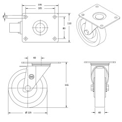 Roulette pivotante diamètre 125 mm caoutchouc EASYROLL® NOIR roulement à billes - 200 Kg GRANDE PLATINE