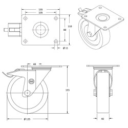 Roulette pivotante à frein diamètre 125 mm  caoutchouc EASYROLL® NOIR roulement à billes - 200 Kg GRANDE PLATINE