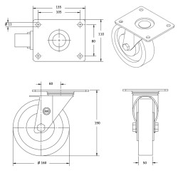 Roulette pivotante diamètre 160 mm caoutchouc EASYROLL® NOIR roulement à billes - 300 Kg