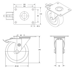Roulette pivotante à frein diamètre 160 mm  caoutchouc EASYROLL® NOIR roulement à billes - 300 Kg