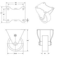 Roulette fixe diamètre 160 mm caoutchouc noir élastique - 400 Kg