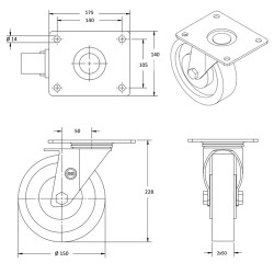 Roulette pivotante Jumelé diamètre 150 mm caoutchouc EASYROLL® NOIR MAX - 800 Kg