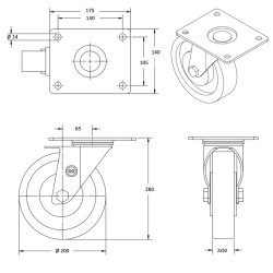 Roulette pivotante Jumelé diamètre 200 mm caoutchouc EASYROLL® NOIR MAX - 1000 Kg