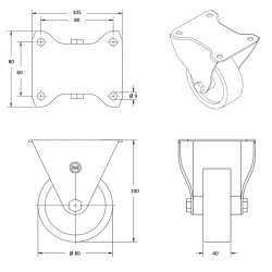 Roulette fixe, diamètre 80 fixation à platine, polyamide, charge 100 Kg