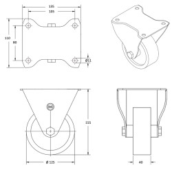 Roulette fixe, diamètre 125 fixation à platine, polyamide, charge 300 Kg